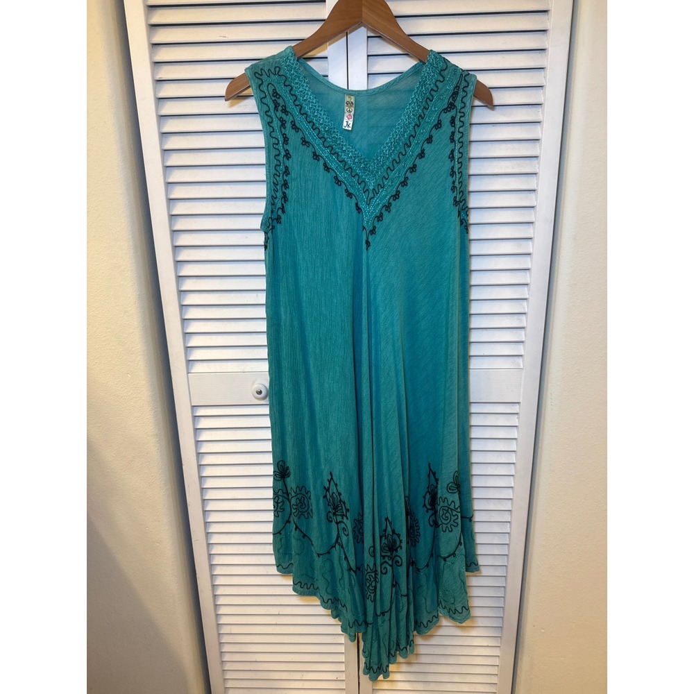 JK Teal Boho Embroidered Handkerchief Hem Midi Dress Sleeveless fits like large
